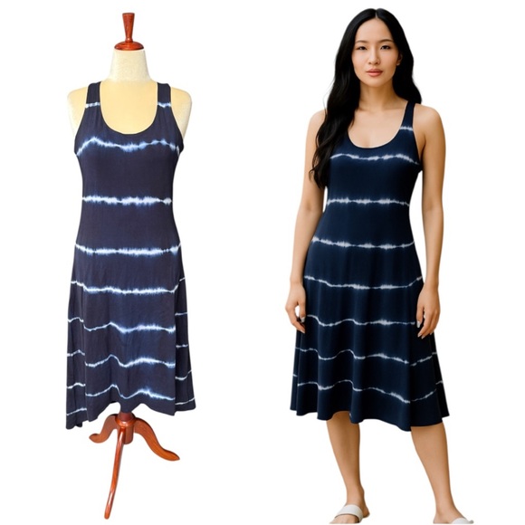 Kate Hill Navy Blue White Dye Striped Sleeveless Sundress Size Large Casual - Picture 1 of 14